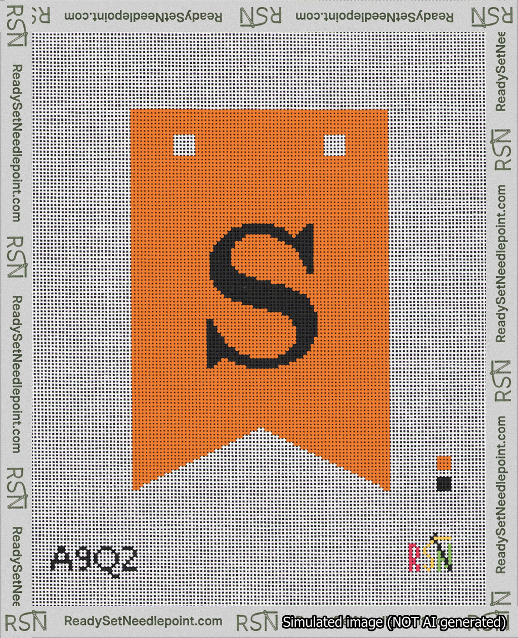 A taped needlepoint canvas with the design: Banner 18 mesh count Forked S Black on Orange.