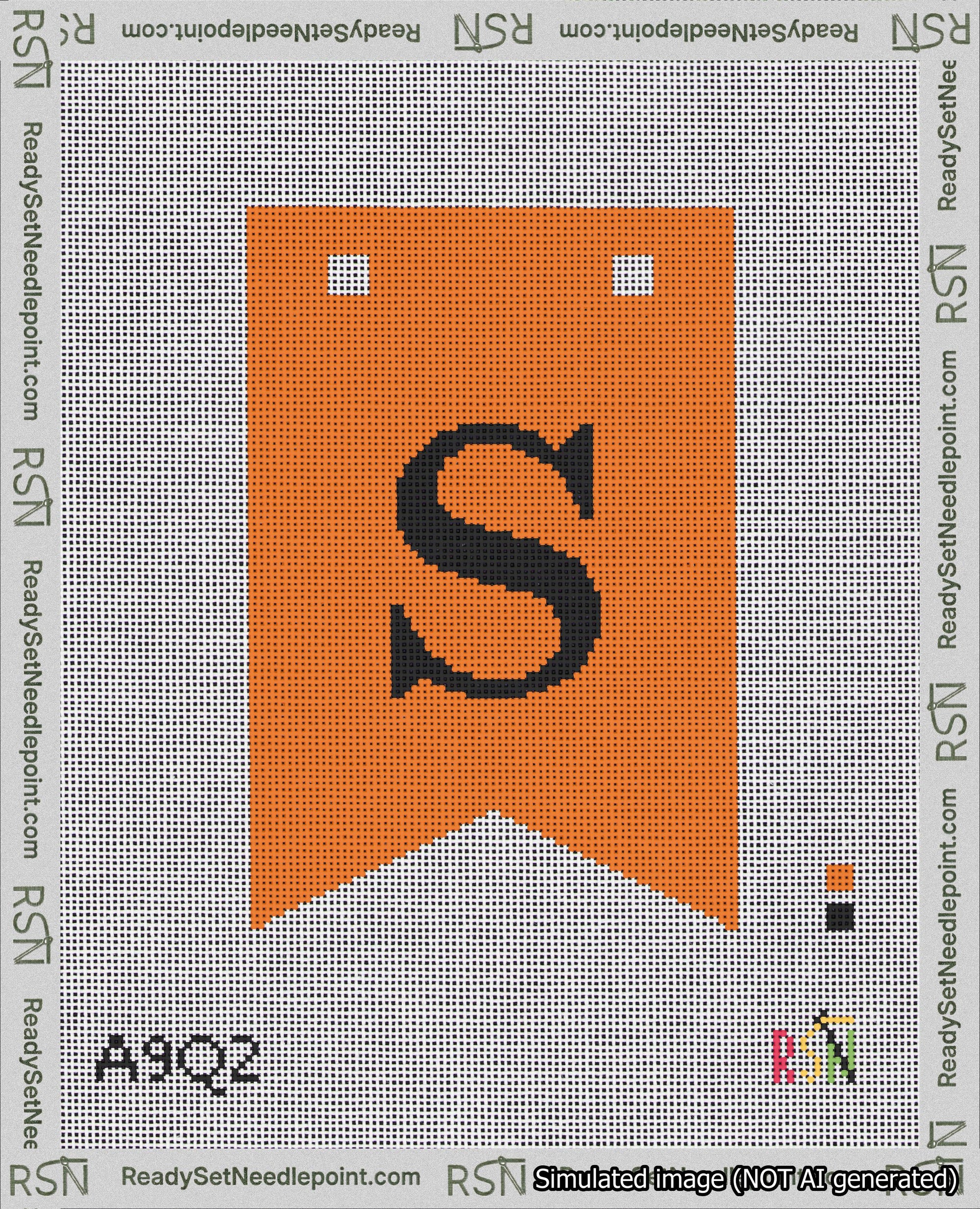 A taped needlepoint canvas with the design: Banner 18 mesh count Forked S Black on Orange.