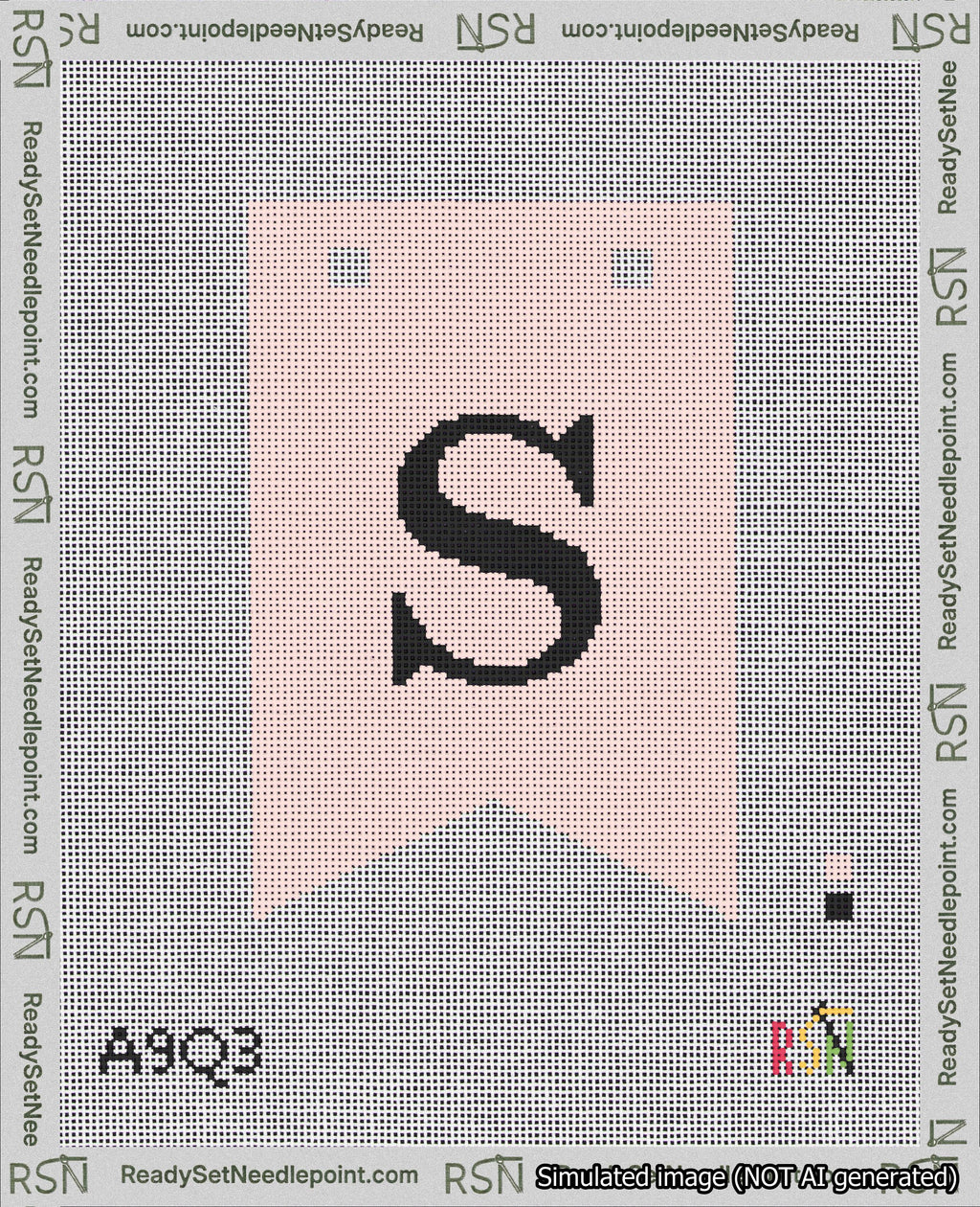 A taped needlepoint canvas with the design: Banner 18 mesh count Forked S Black on Pink.