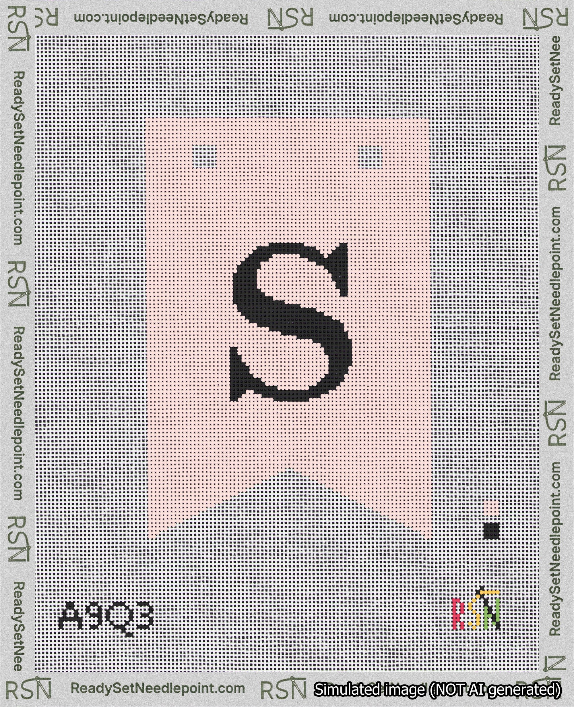 A taped needlepoint canvas with the design: Banner 18 mesh count Forked S Black on Pink.