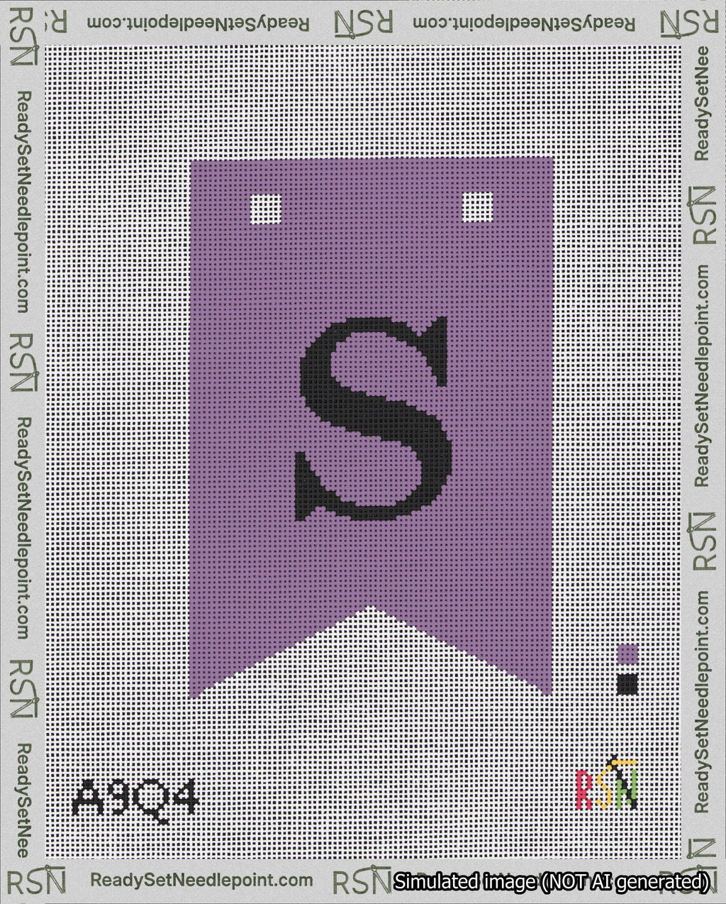 A taped needlepoint canvas with the design: Banner 18 mesh count Forked S Black on Purple.
