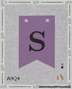 A taped needlepoint canvas with the design: Banner 18 mesh count Forked S Black on Purple.