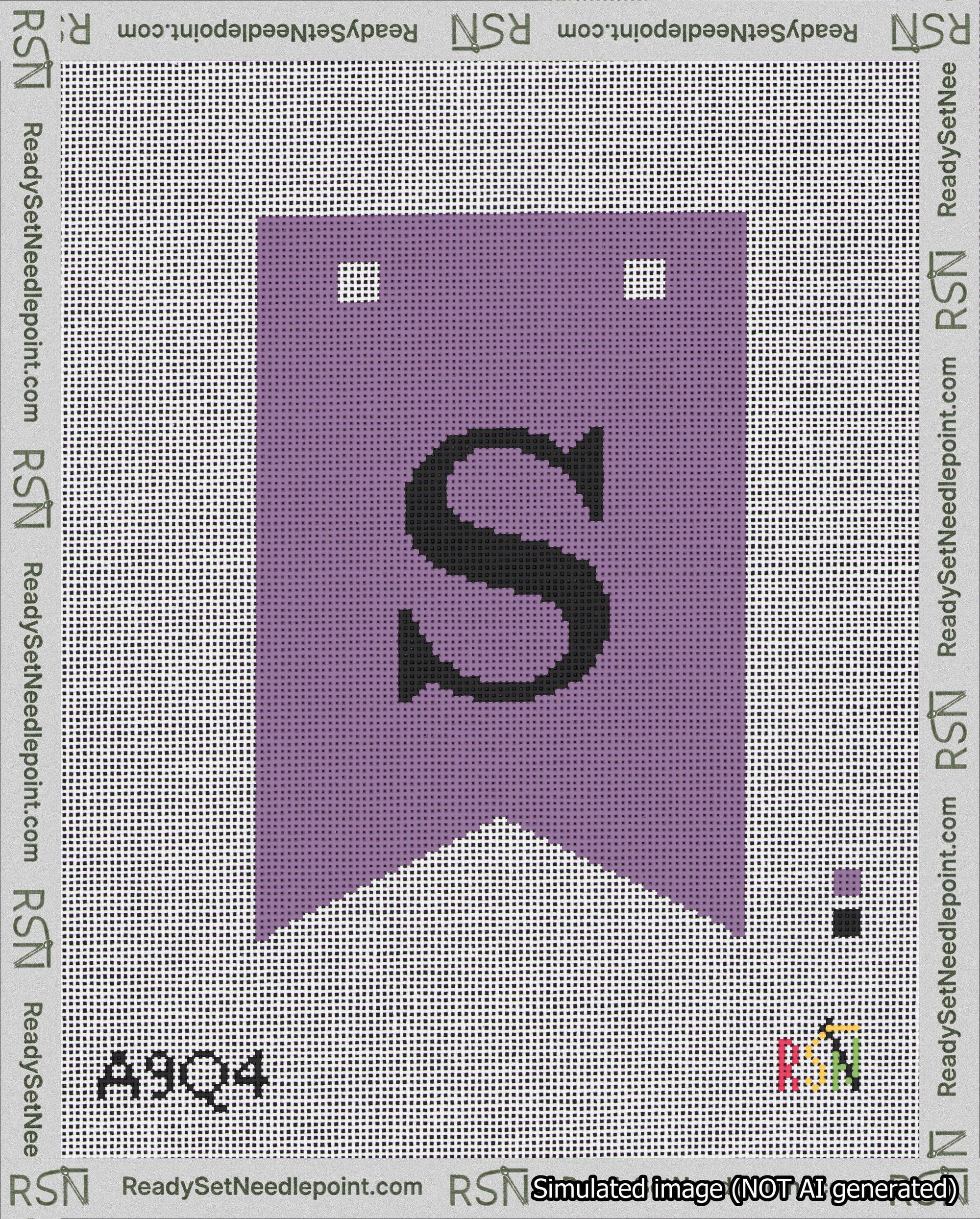 A taped needlepoint canvas with the design: Banner 18 mesh count Forked S Black on Purple.