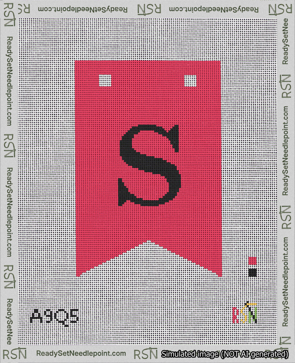 A taped needlepoint canvas with the design: Banner 18 mesh count Forked S Black on Red.