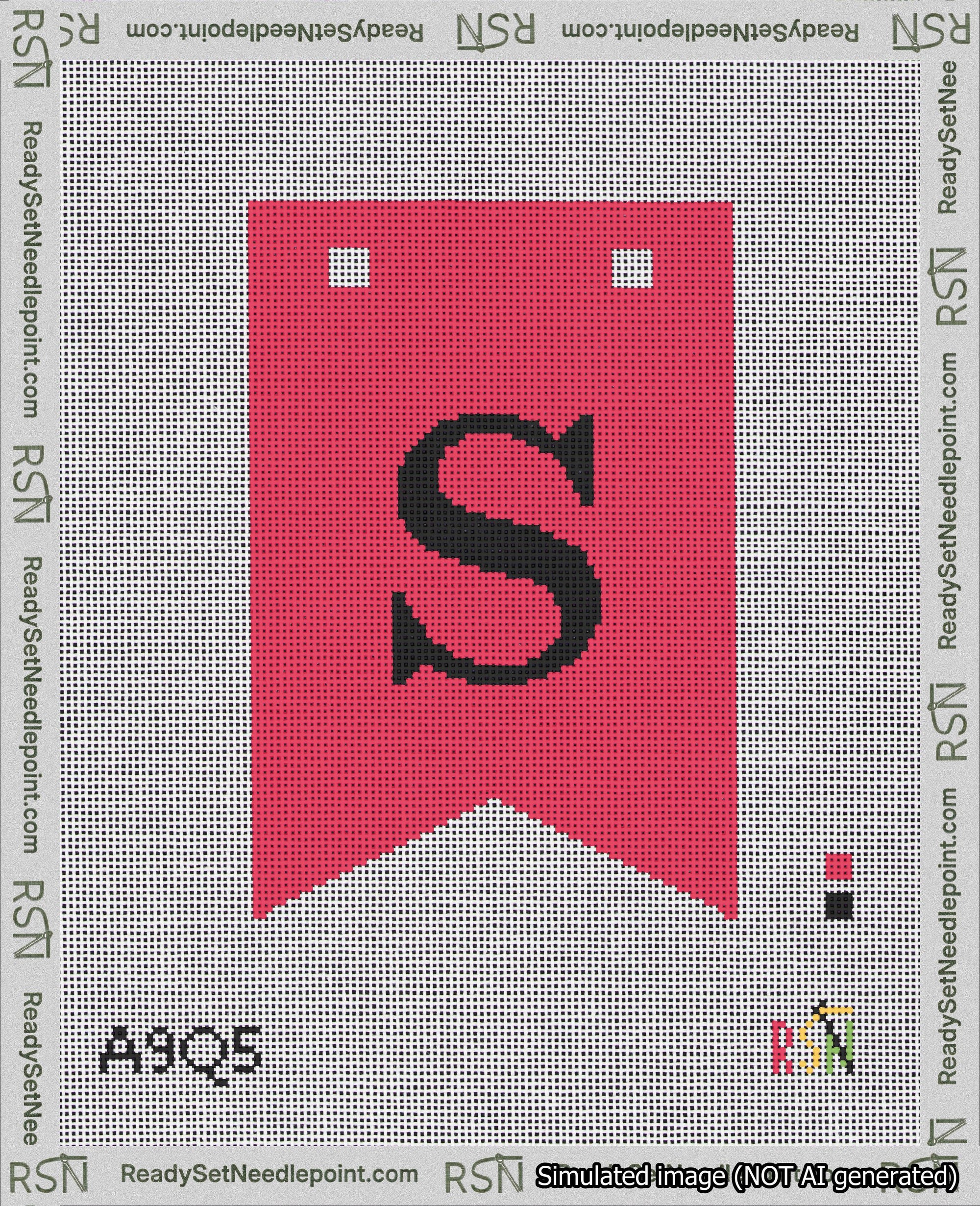 A taped needlepoint canvas with the design: Banner 18 mesh count Forked S Black on Red.
