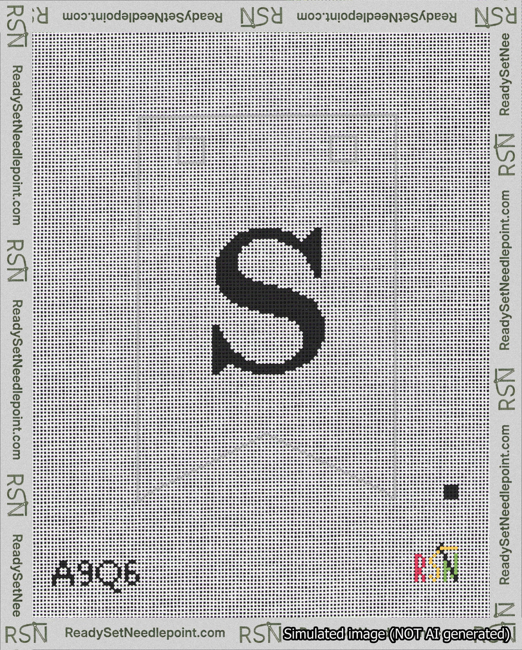 A taped needlepoint canvas with the design: Banner 18 mesh count Forked S Black on White.