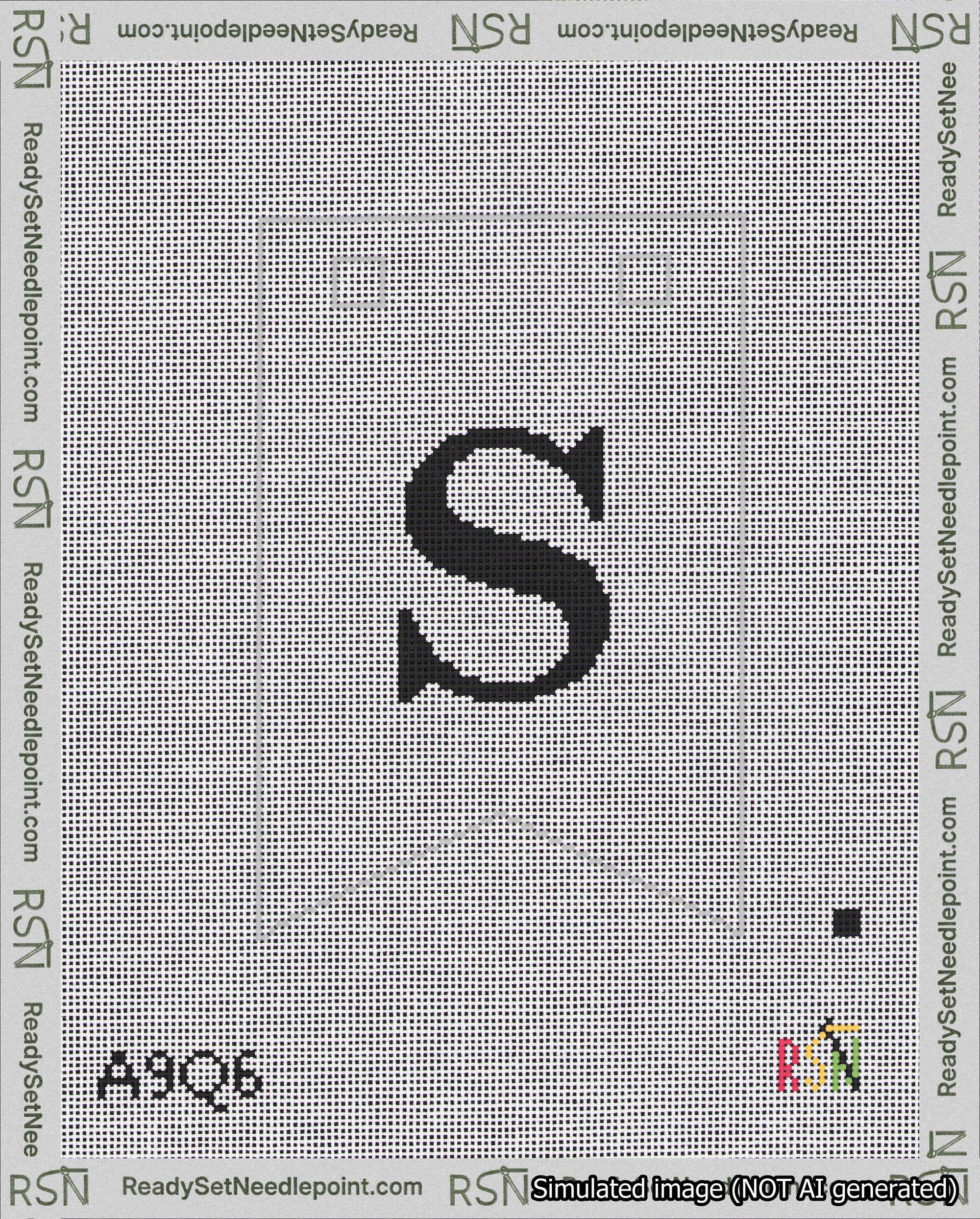 A taped needlepoint canvas with the design: Banner 18 mesh count Forked S Black on White.