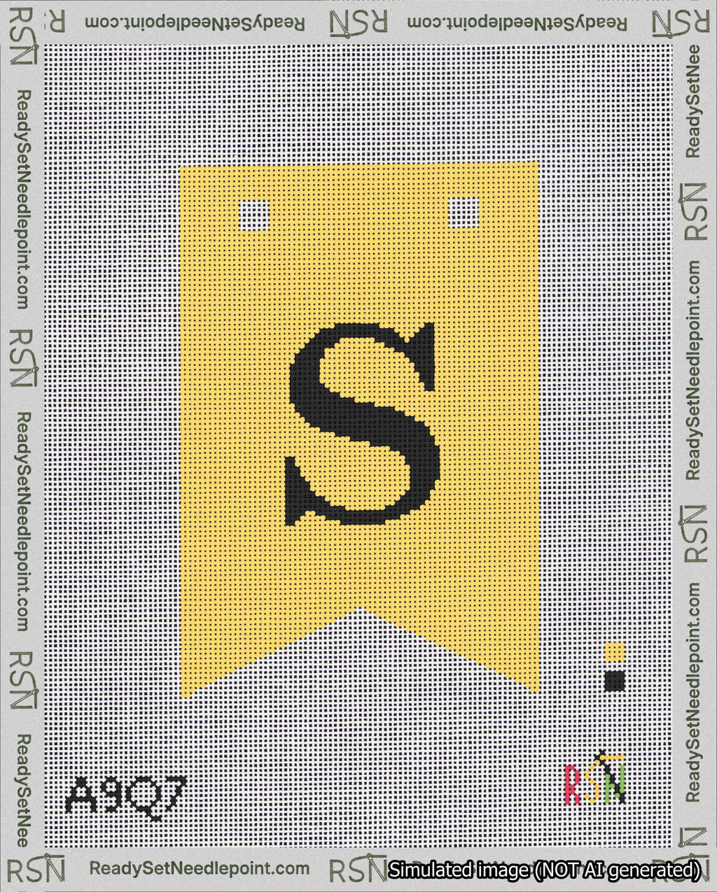 A taped needlepoint canvas with the design: Banner 18 mesh count Forked S Black on Yellow.