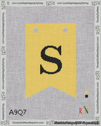 A taped needlepoint canvas with the design: Banner 18 mesh count Forked S Black on Yellow.