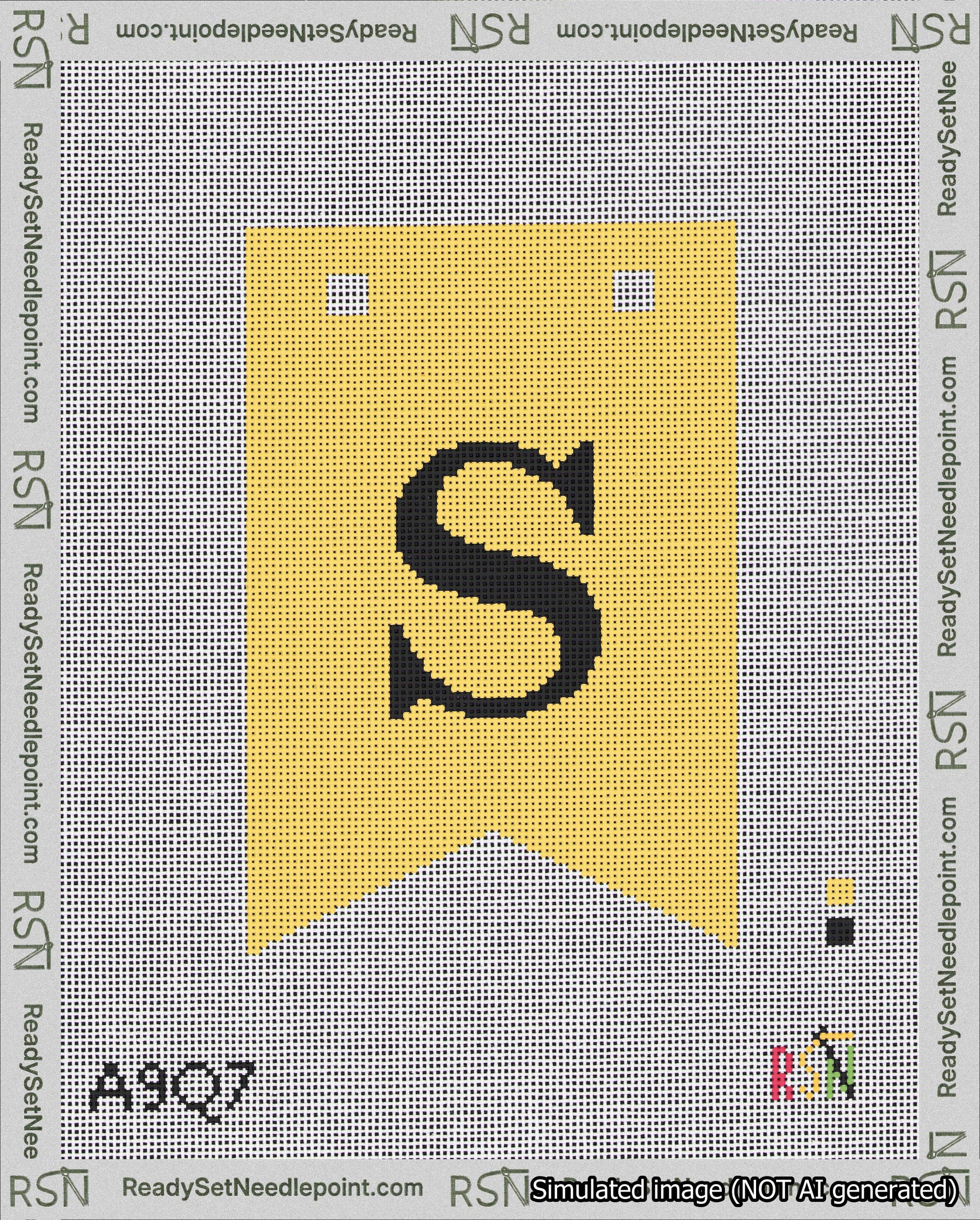 A taped needlepoint canvas with the design: Banner 18 mesh count Forked S Black on Yellow.