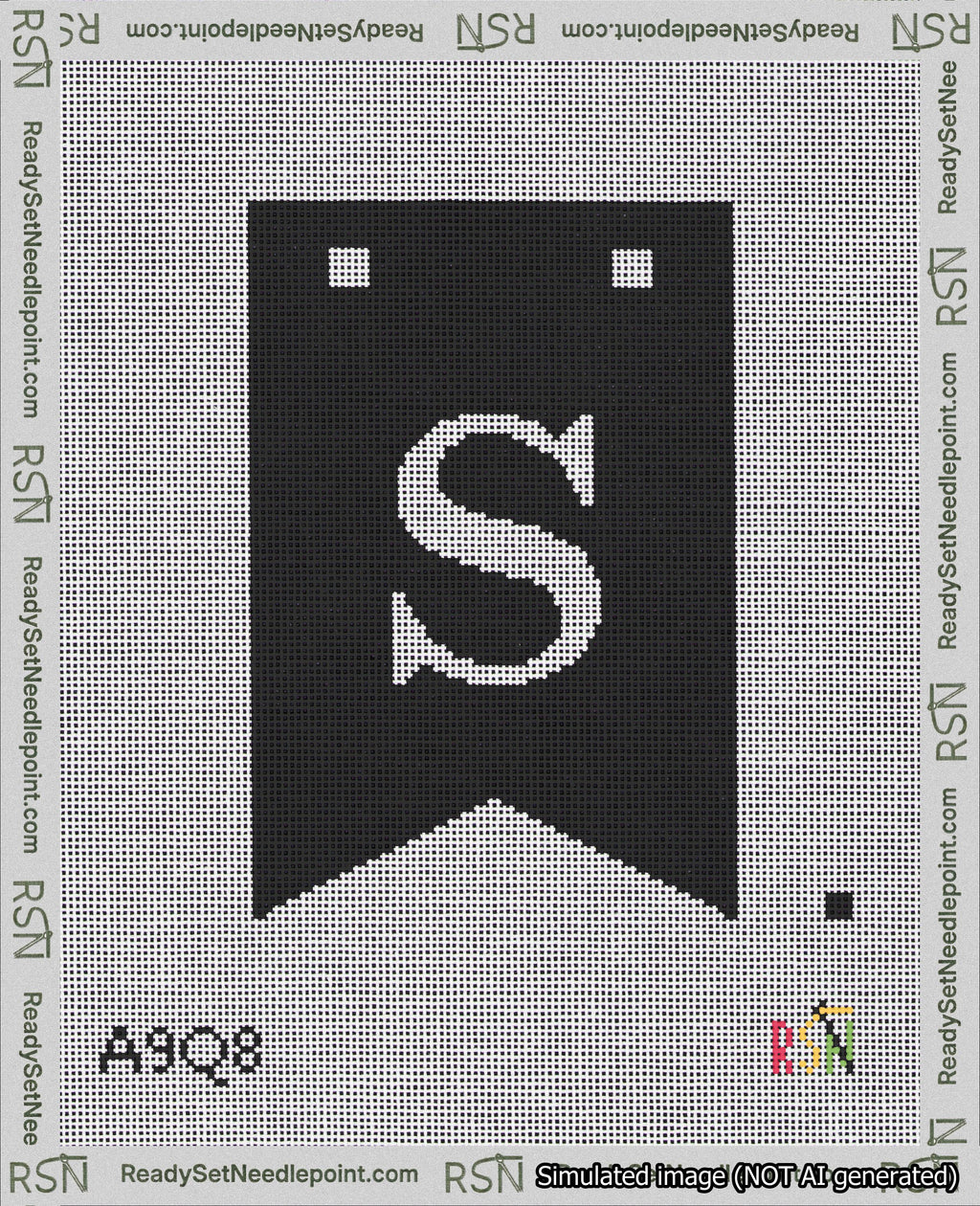 A taped needlepoint canvas with the design: Banner 18 mesh count Forked S White on Black.