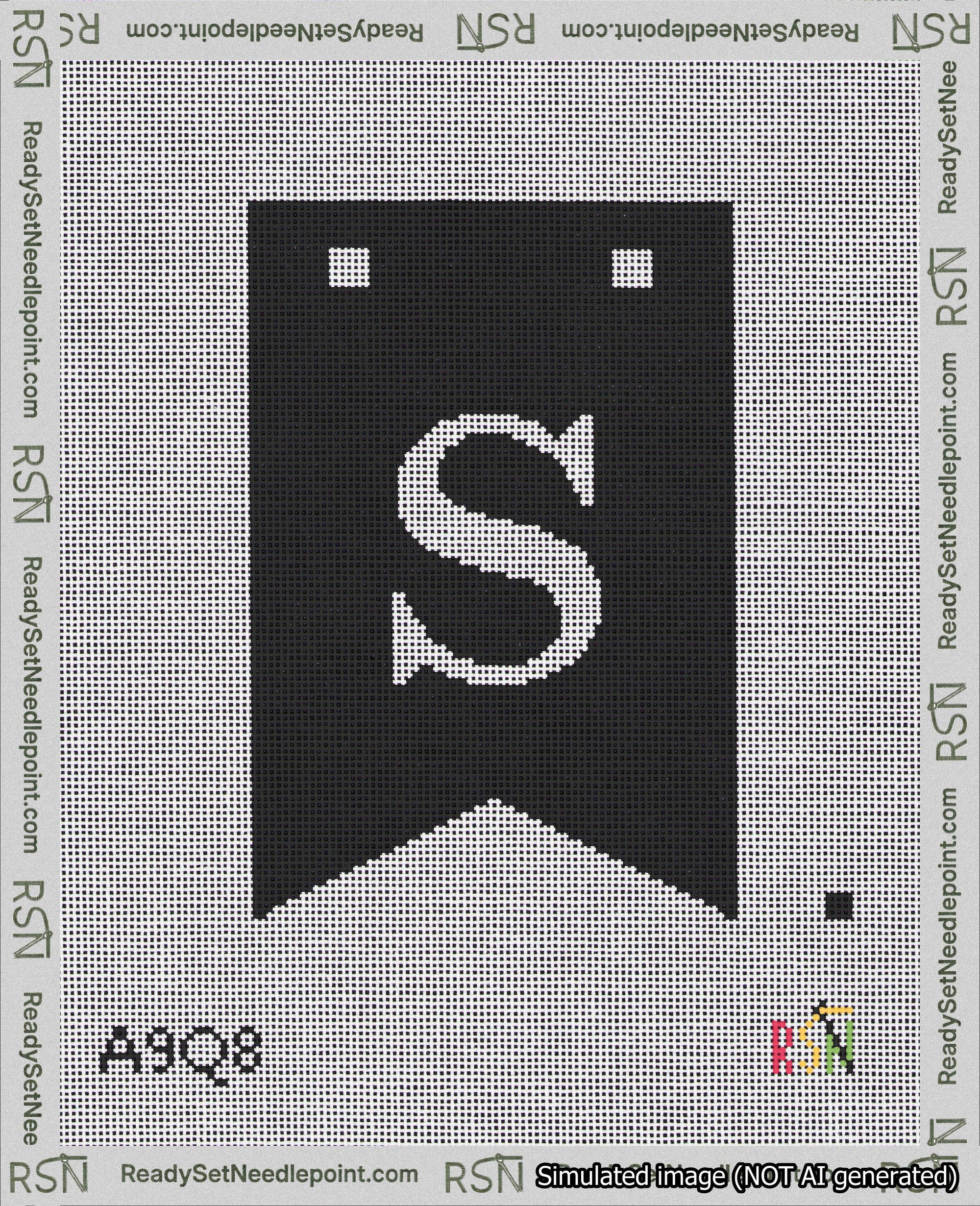 A taped needlepoint canvas with the design: Banner 18 mesh count Forked S White on Black.
