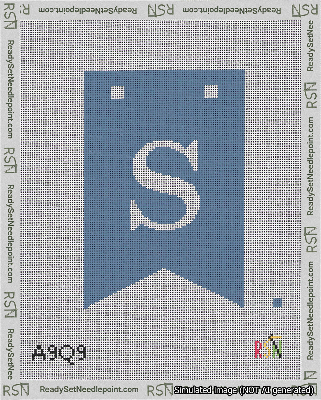 A taped needlepoint canvas with the design: Banner 18 mesh count Forked S White on Blue.