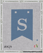 A taped needlepoint canvas with the design: Banner 18 mesh count Forked S White on Blue.
