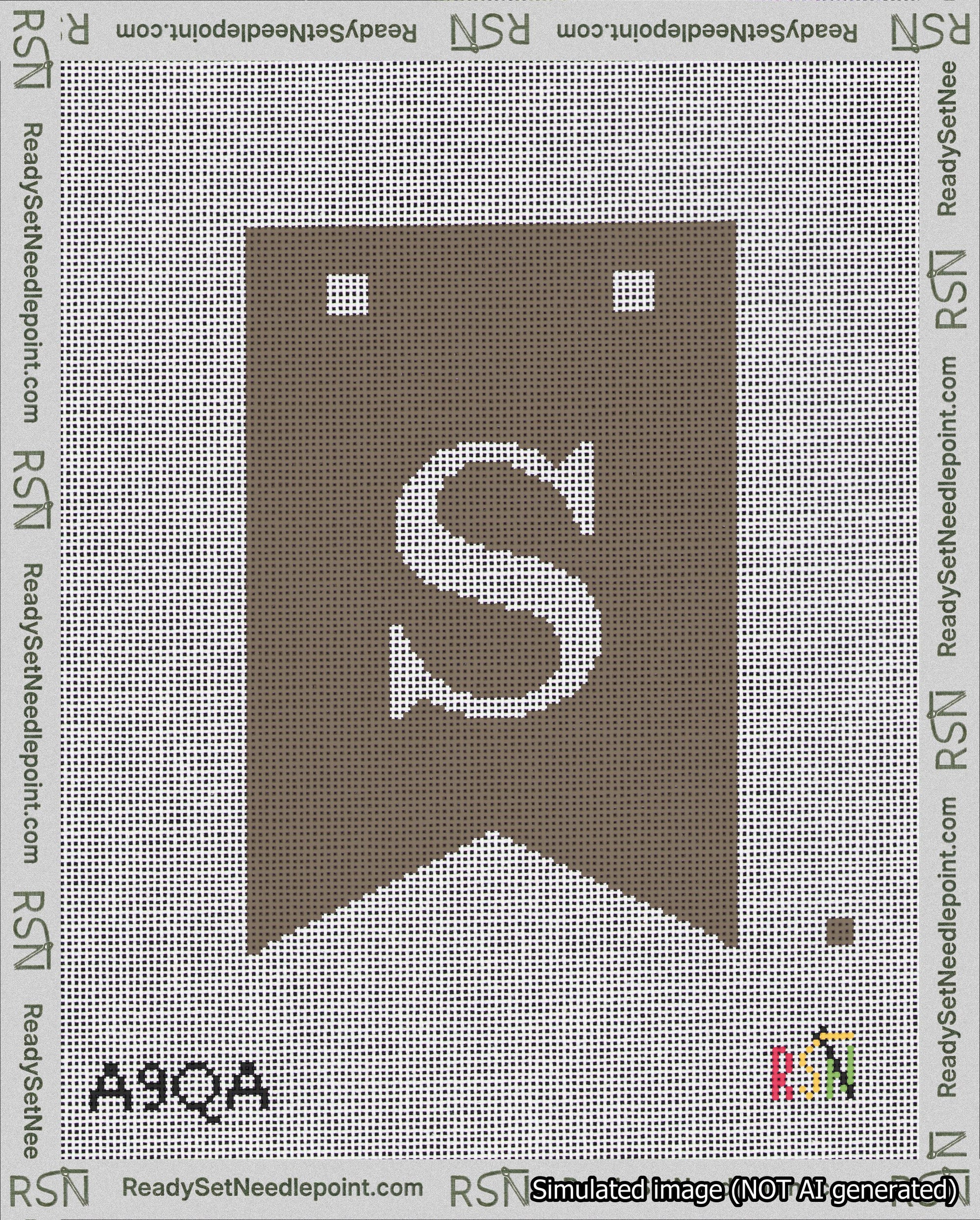 A taped needlepoint canvas with the design: Banner 18 mesh count Forked S White on Brown.