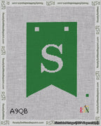 A taped needlepoint canvas with the design: Banner 18 mesh count Forked S White on Green.