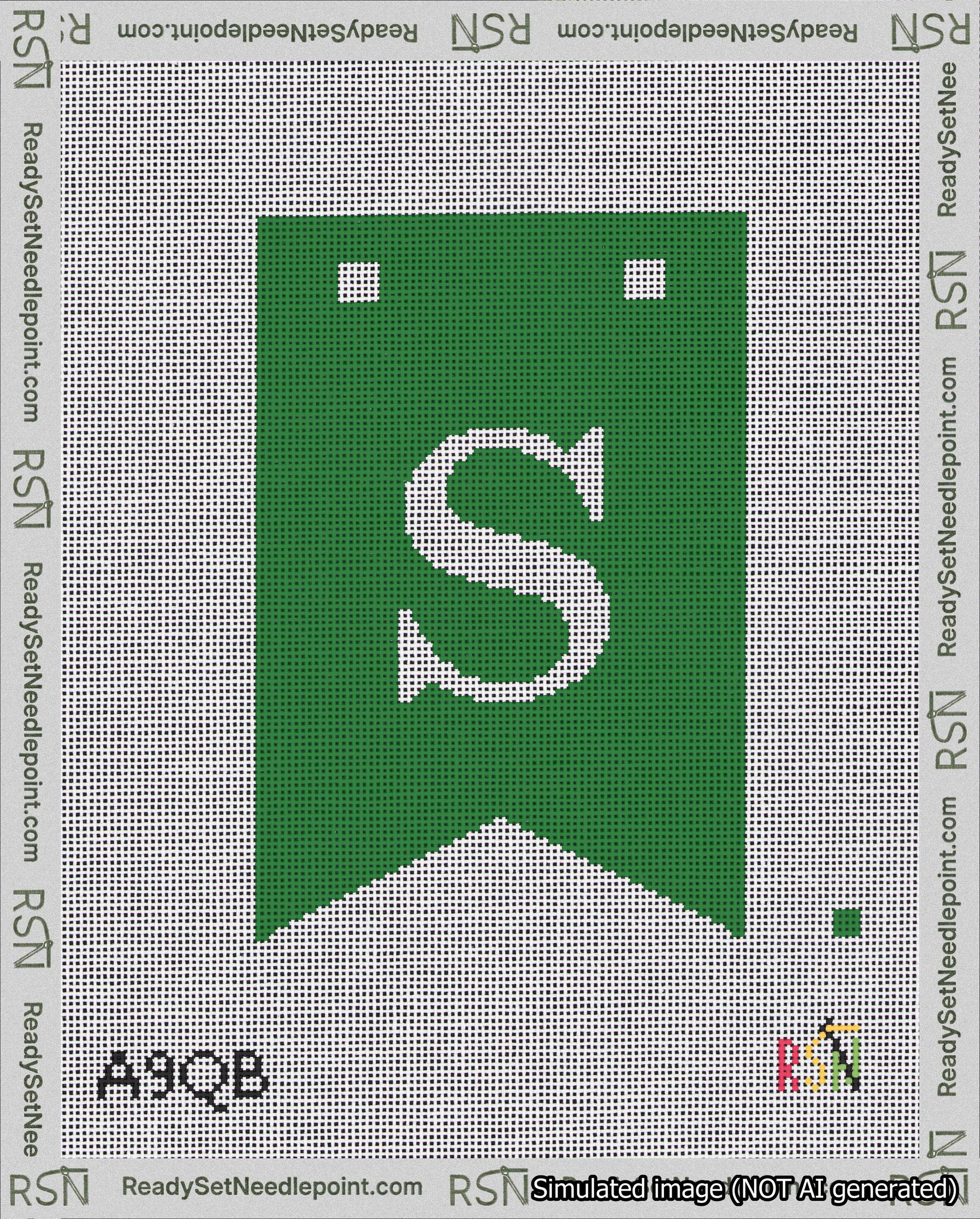 A taped needlepoint canvas with the design: Banner 18 mesh count Forked S White on Green.