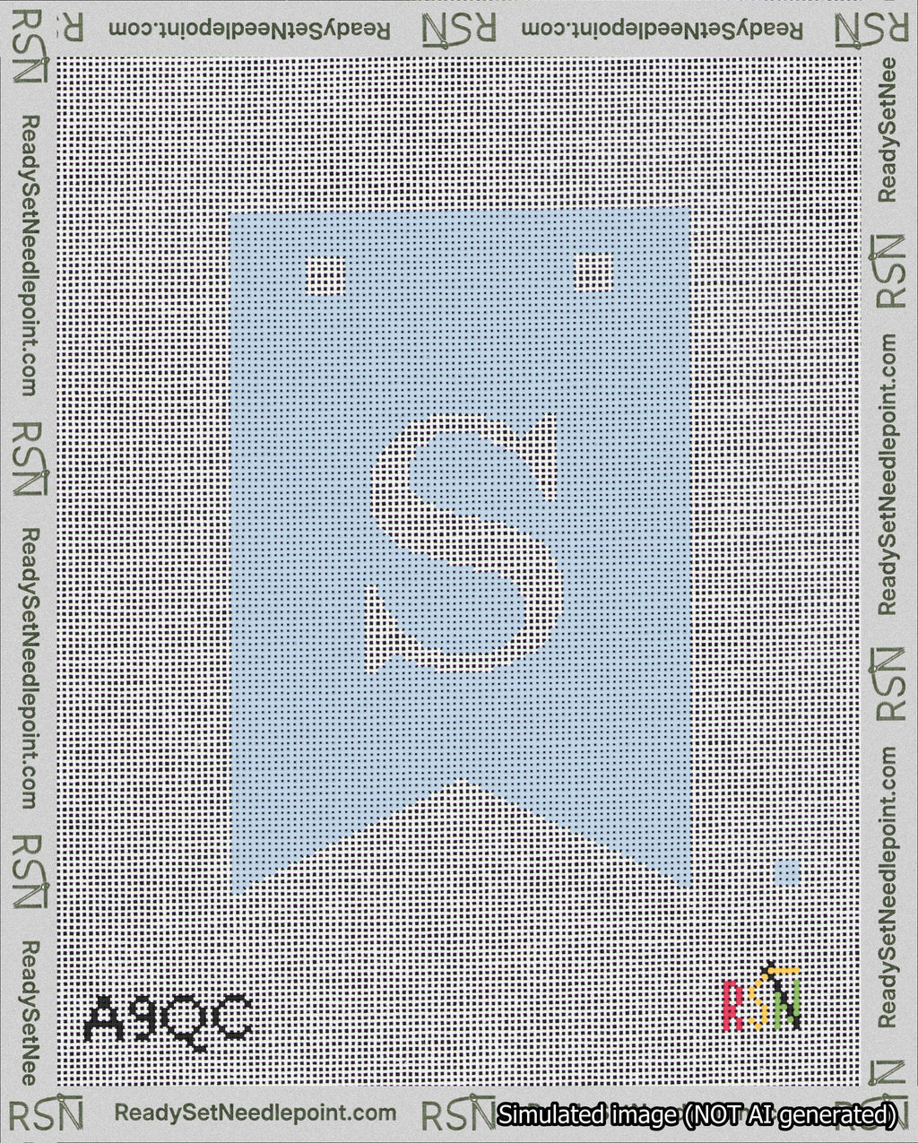A taped needlepoint canvas with the design: Banner 18 mesh count Forked S White on Light Blue.