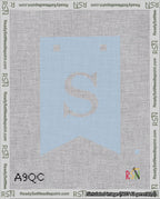 A taped needlepoint canvas with the design: Banner 18 mesh count Forked S White on Light Blue.