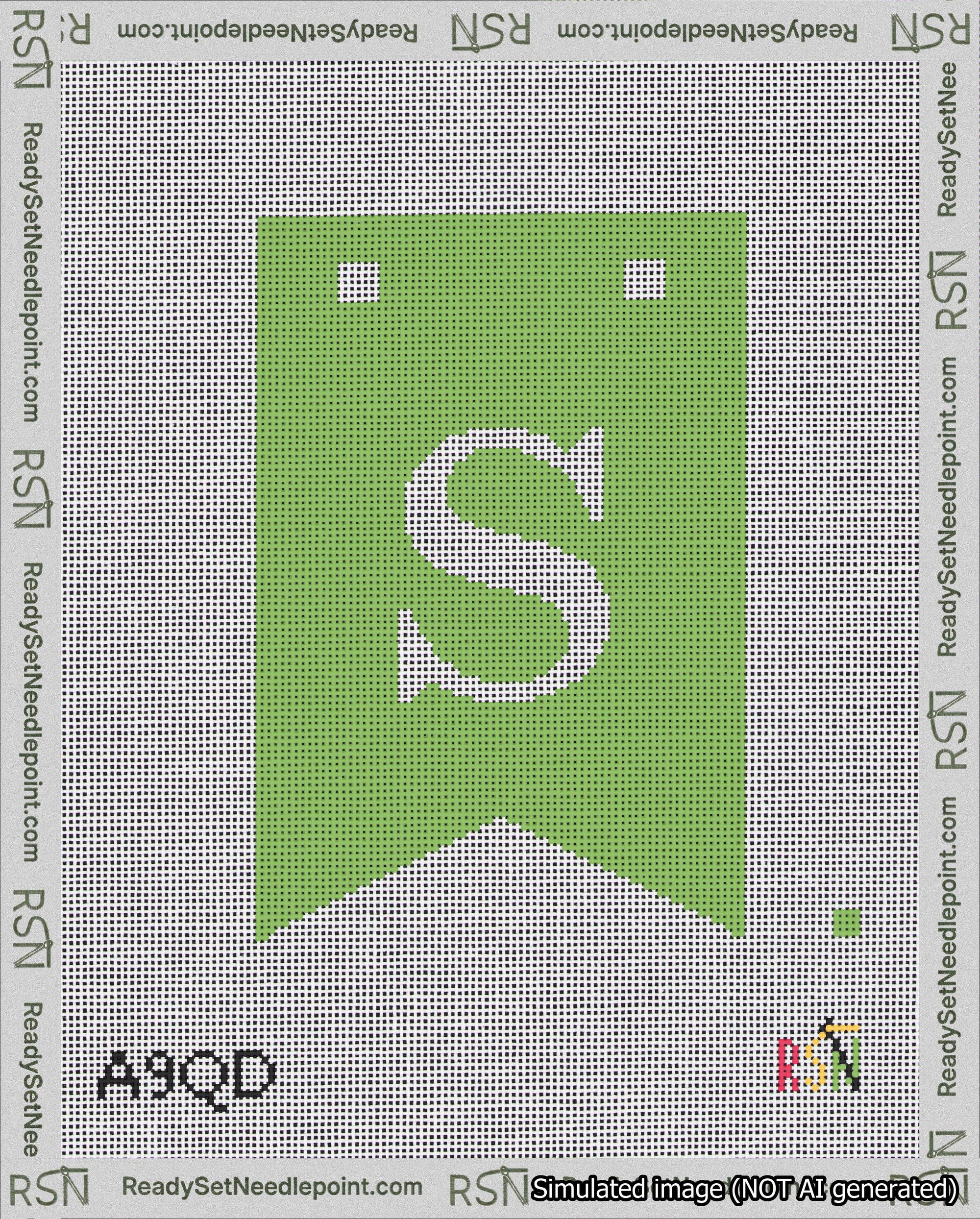 A taped needlepoint canvas with the design: Banner 18 mesh count Forked S White on Light Green.