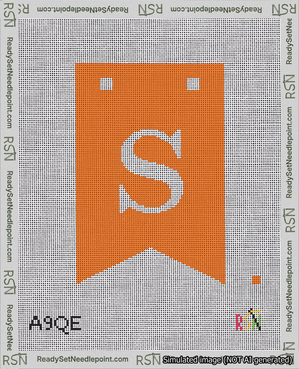 A taped needlepoint canvas with the design: Banner 18 mesh count Forked S White on Orange.