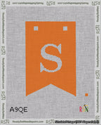A taped needlepoint canvas with the design: Banner 18 mesh count Forked S White on Orange.