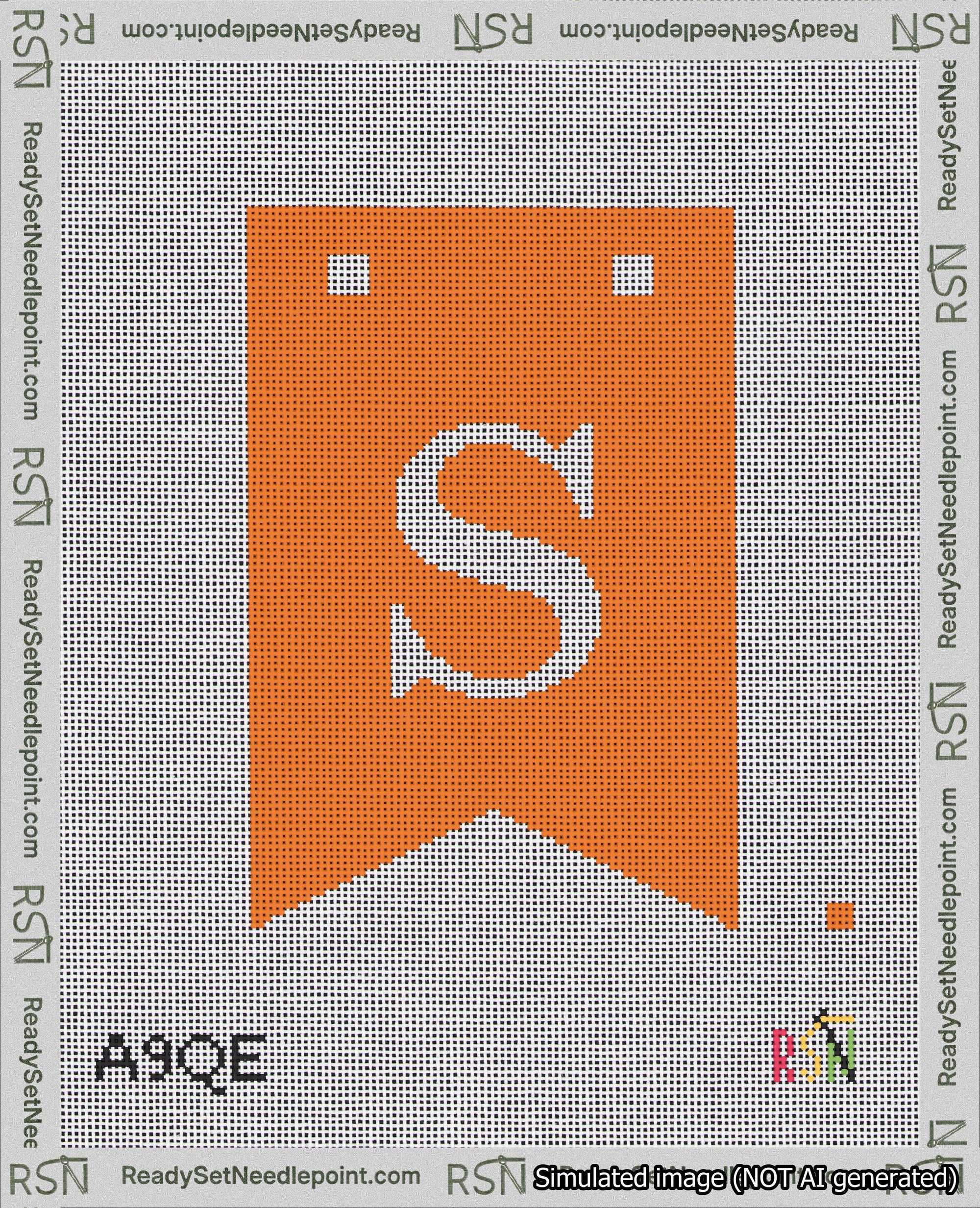 A taped needlepoint canvas with the design: Banner 18 mesh count Forked S White on Orange.