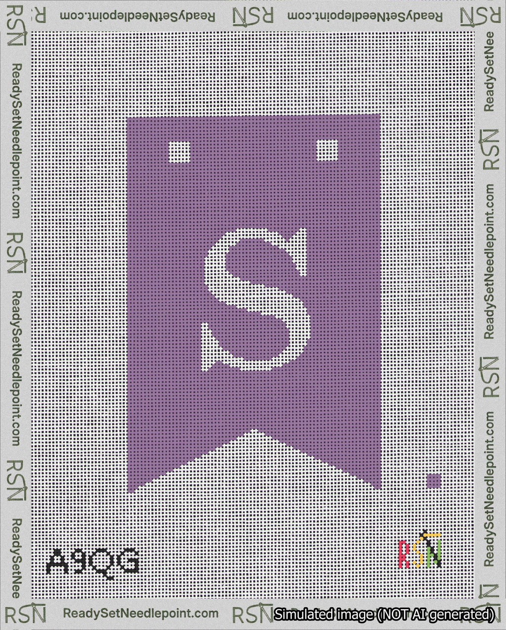 A taped needlepoint canvas with the design: Banner 18 mesh count Forked S White on Purple.
