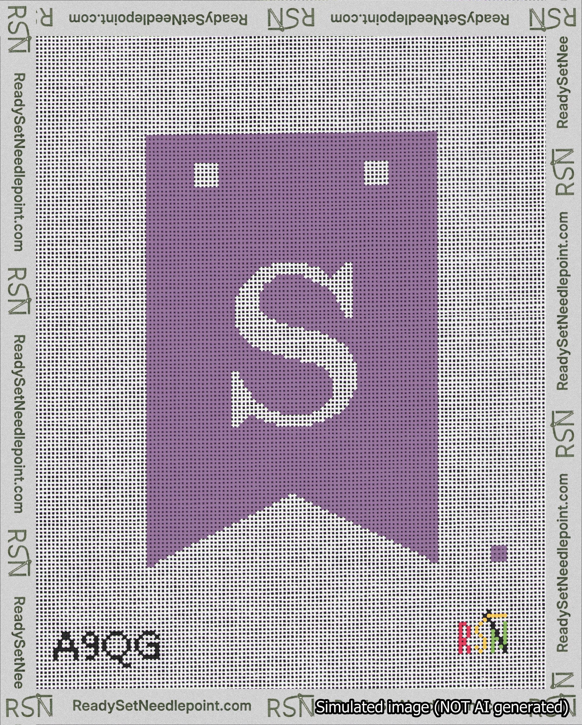 A taped needlepoint canvas with the design: Banner 18 mesh count Forked S White on Purple.