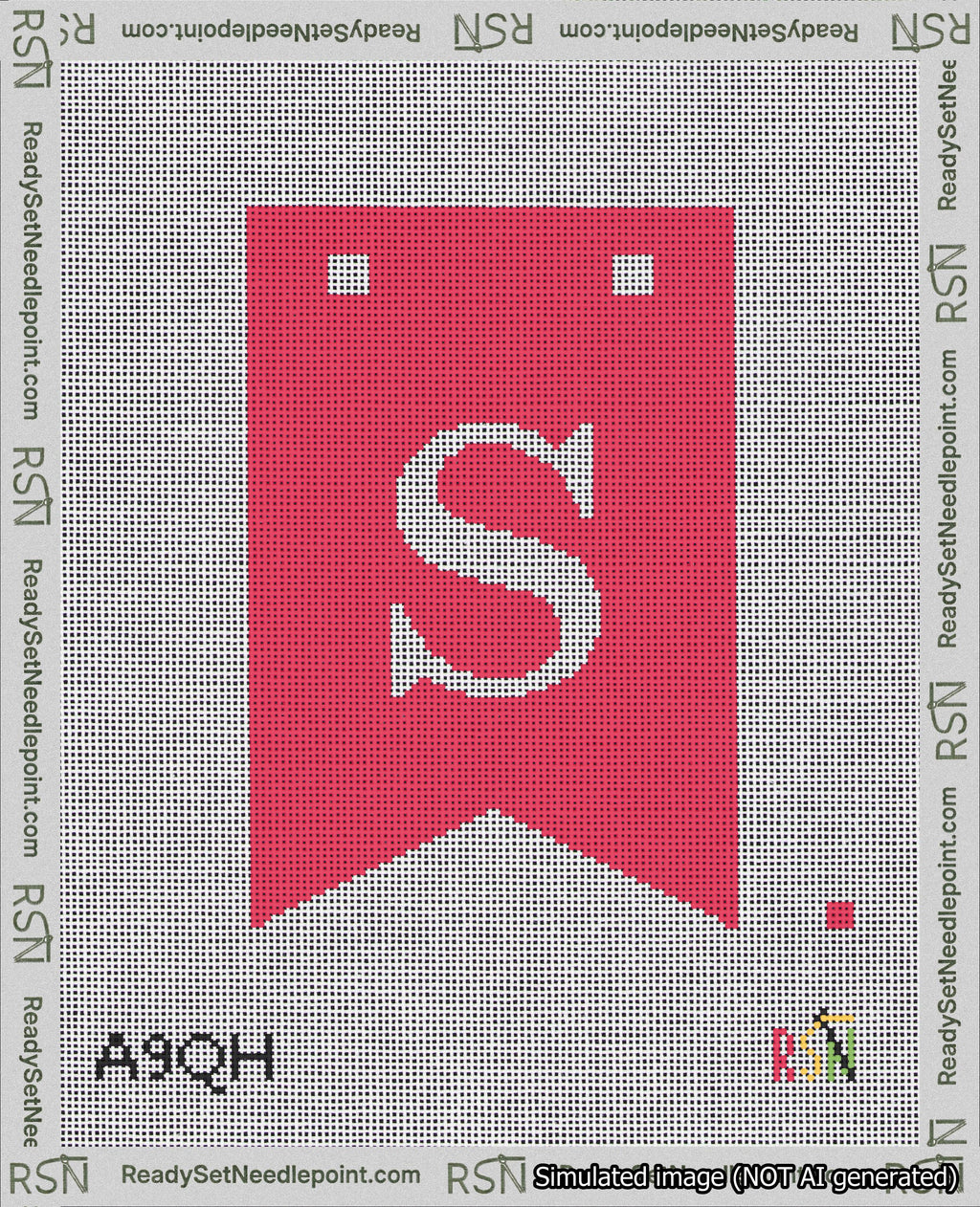 A taped needlepoint canvas with the design: Banner 18 mesh count Forked S White on Red.