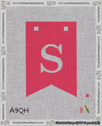 A taped needlepoint canvas with the design: Banner 18 mesh count Forked S White on Red.