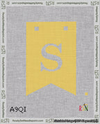 A taped needlepoint canvas with the design: Banner 18 mesh count Forked S White on Yellow.