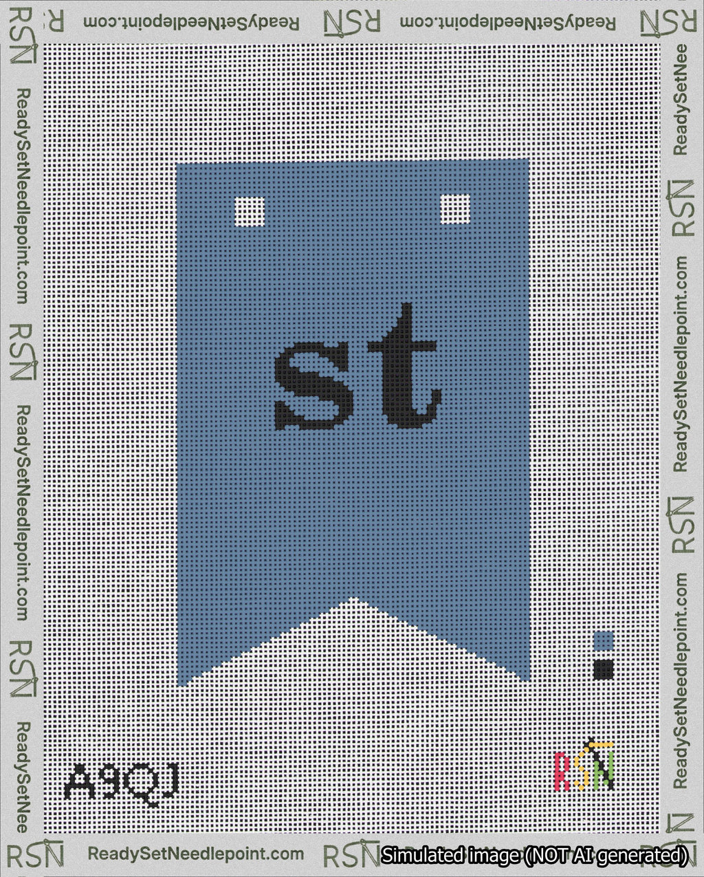 A taped needlepoint canvas with the design: Banner 18 mesh count Forked st Black on Blue.