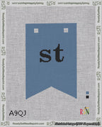 A taped needlepoint canvas with the design: Banner 18 mesh count Forked st Black on Blue.