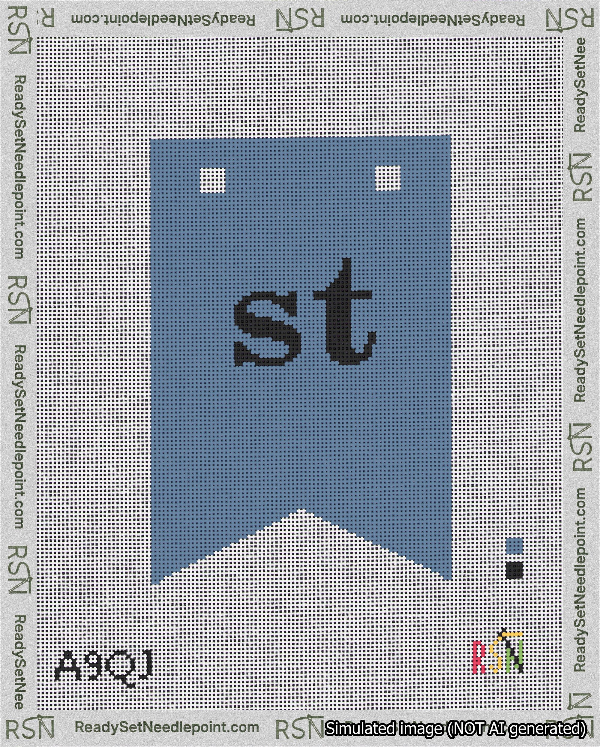A taped needlepoint canvas with the design: Banner 18 mesh count Forked st Black on Blue.