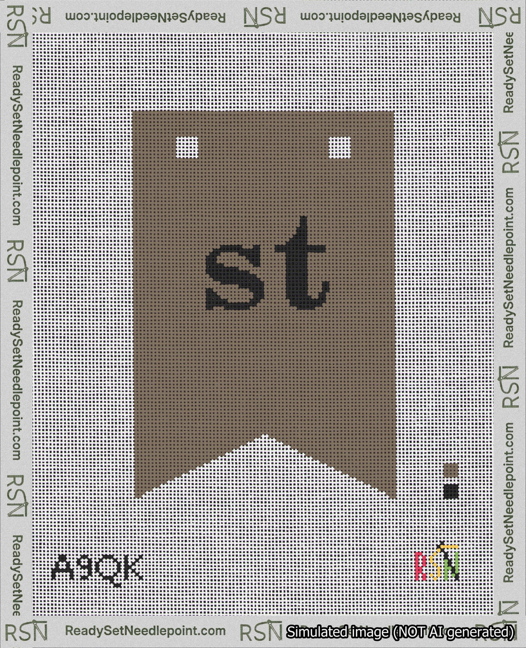 A taped needlepoint canvas with the design: Banner 18 mesh count Forked st Black on Brown.