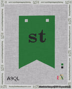 A taped needlepoint canvas with the design: Banner 18 mesh count Forked st Black on Green.