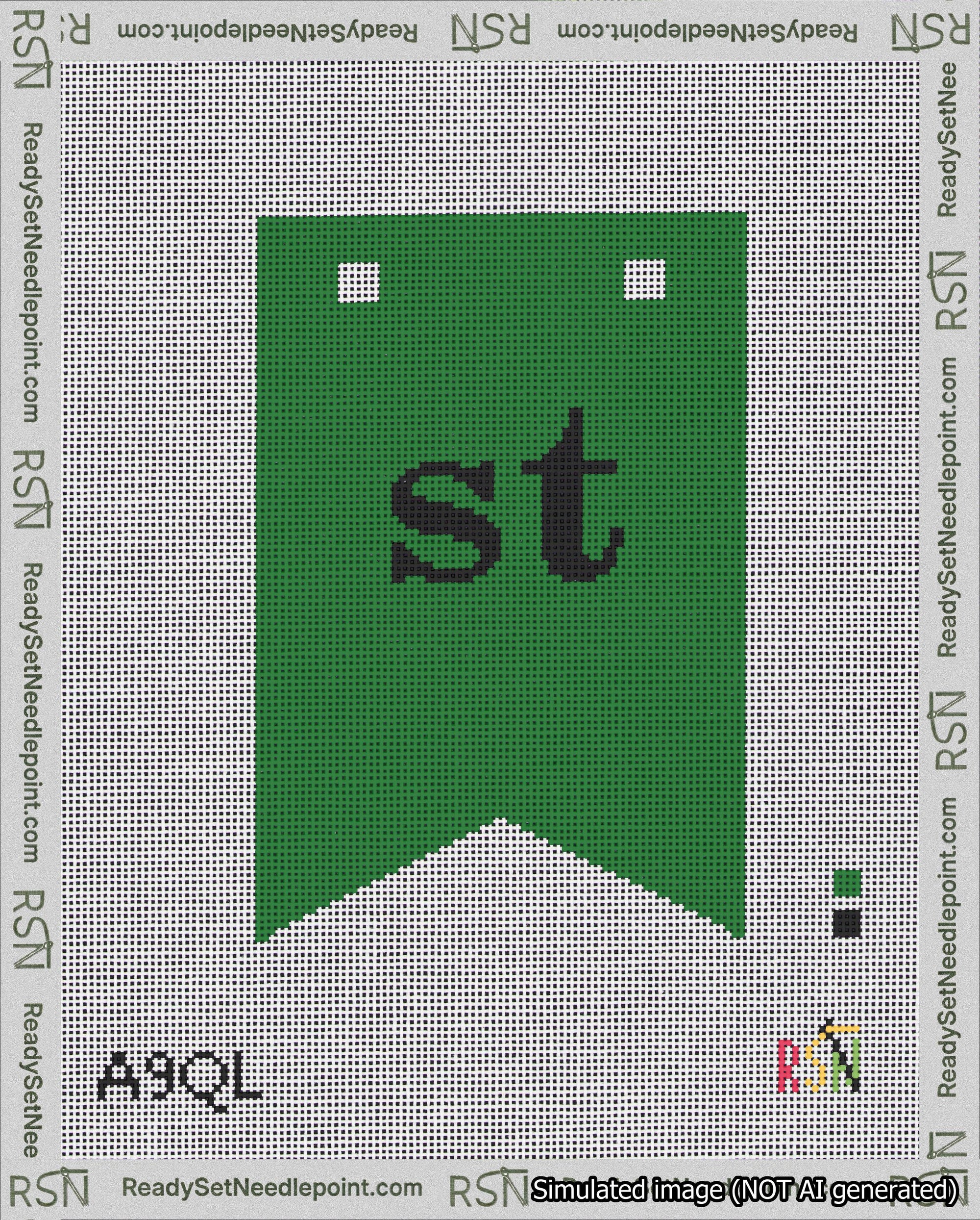 A taped needlepoint canvas with the design: Banner 18 mesh count Forked st Black on Green.