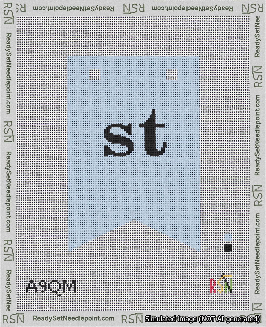 A taped needlepoint canvas with the design: Banner 18 mesh count Forked st Black on Light Blue.