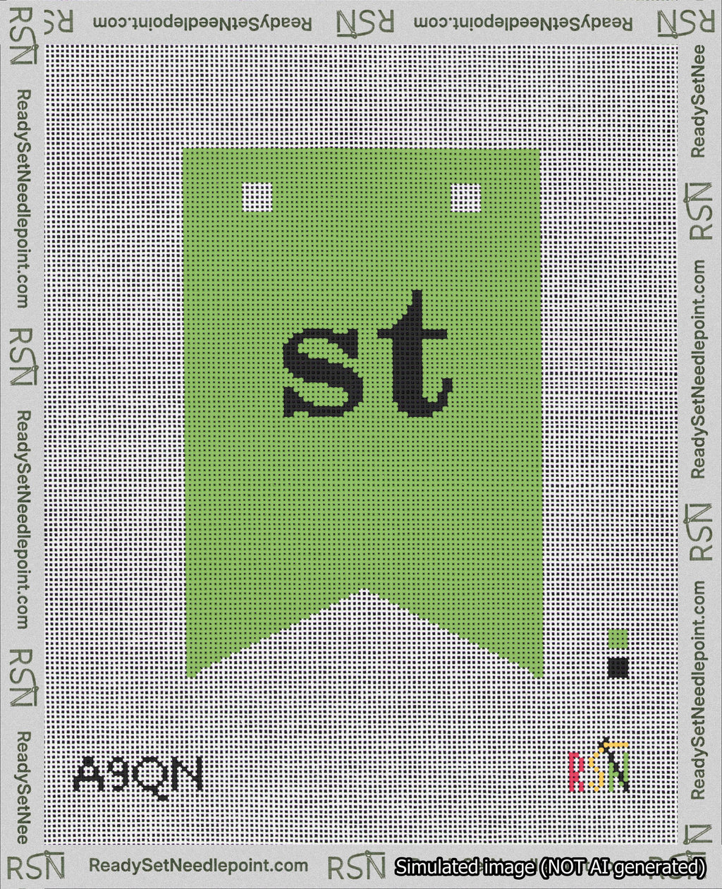 A taped needlepoint canvas with the design: Banner 18 mesh count Forked st Black on Light Green.