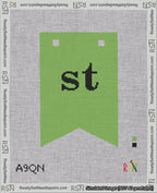 A taped needlepoint canvas with the design: Banner 18 mesh count Forked st Black on Light Green.