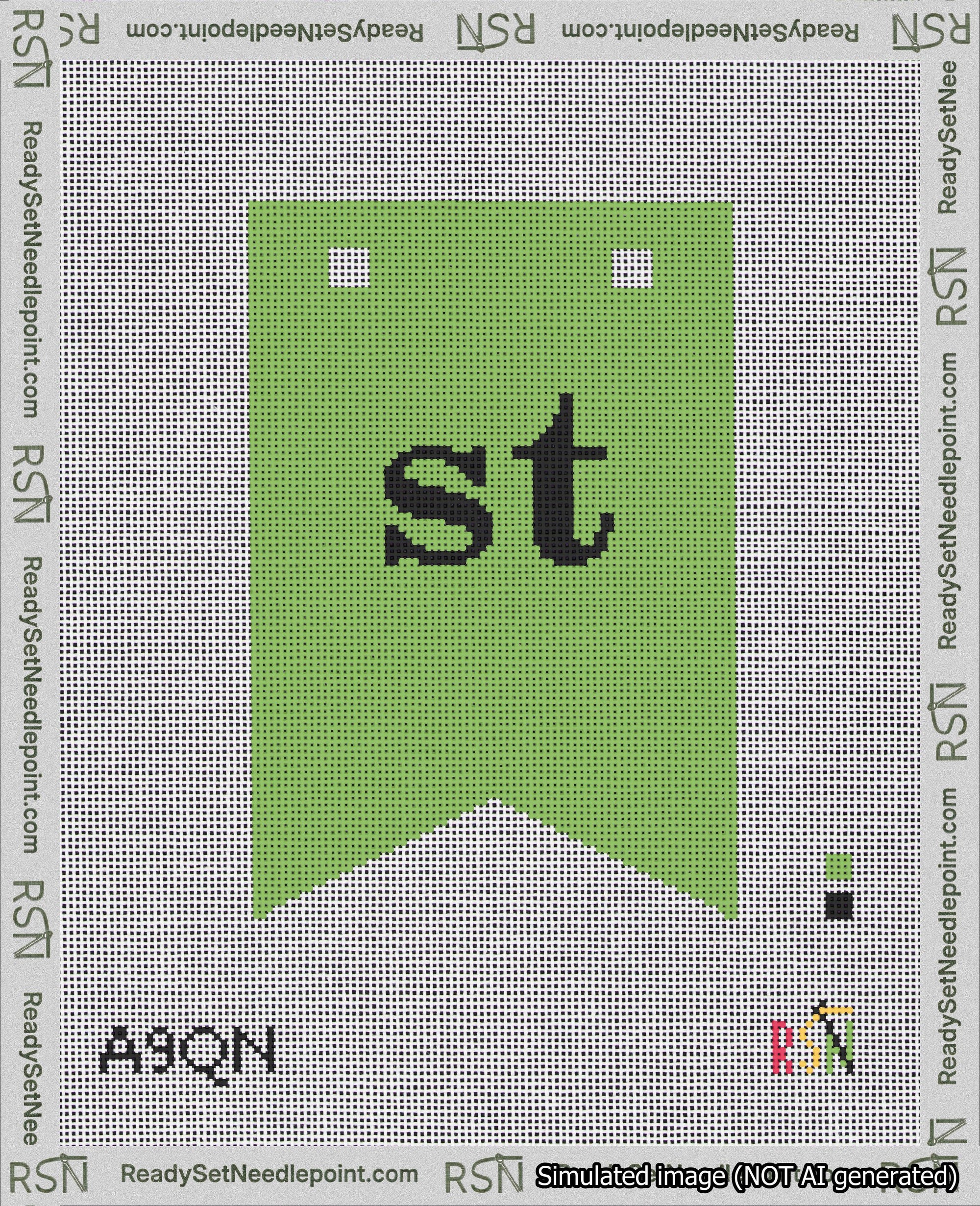 A taped needlepoint canvas with the design: Banner 18 mesh count Forked st Black on Light Green.
