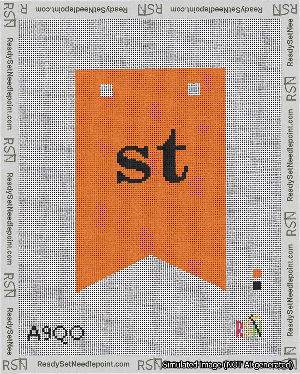 A taped needlepoint canvas with the design: Banner 18 mesh count Forked st Black on Orange.