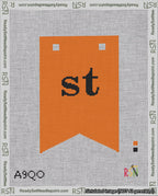 A taped needlepoint canvas with the design: Banner 18 mesh count Forked st Black on Orange.