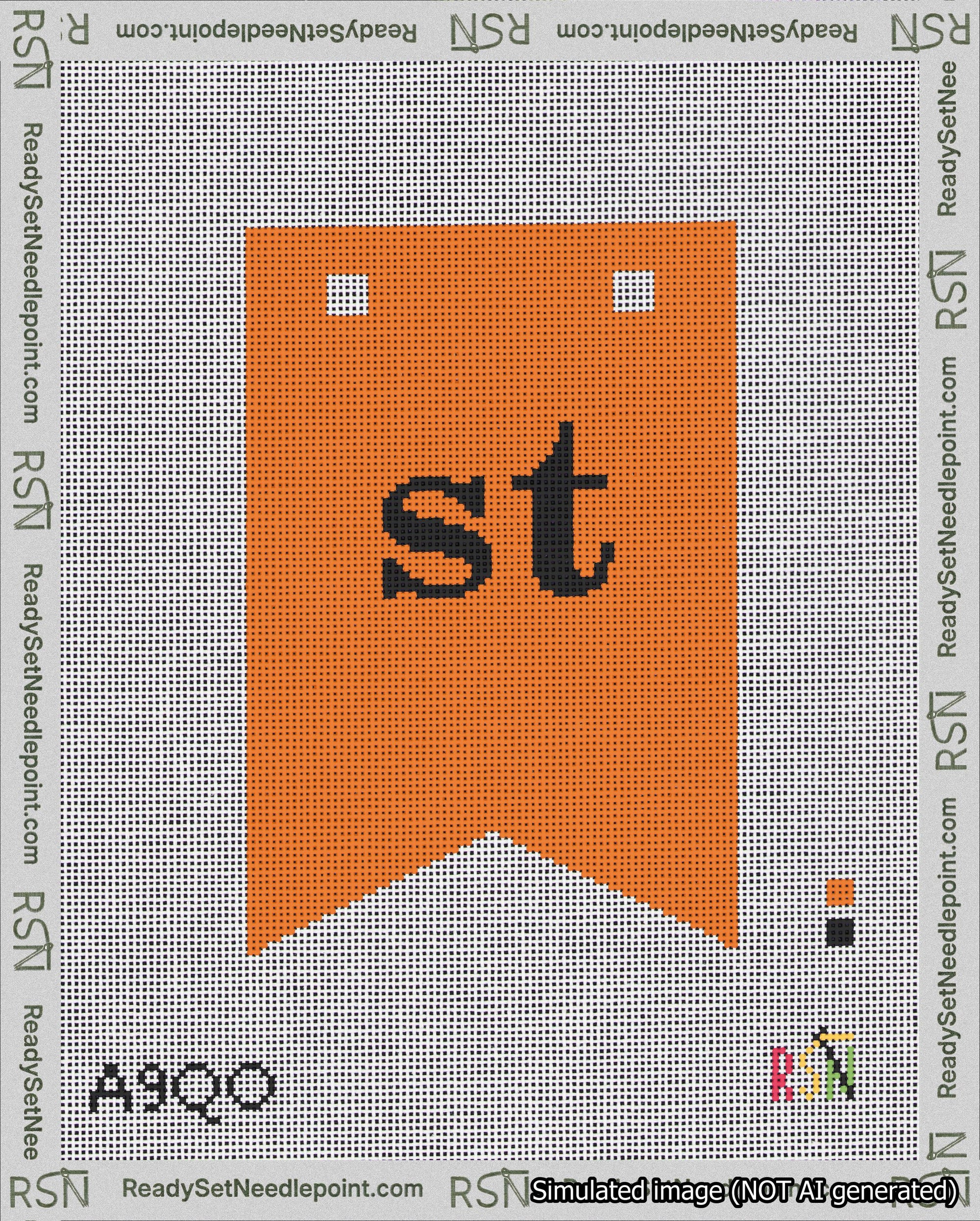 A taped needlepoint canvas with the design: Banner 18 mesh count Forked st Black on Orange.