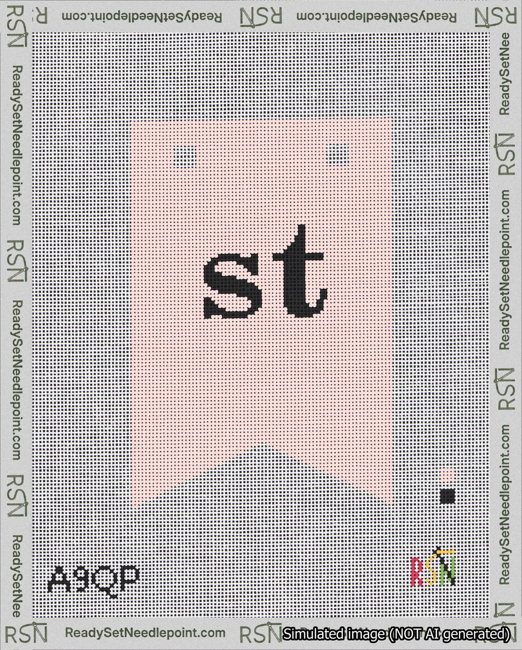A taped needlepoint canvas with the design: Banner 18 mesh count Forked st Black on Pink.