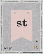A taped needlepoint canvas with the design: Banner 18 mesh count Forked st Black on Pink.