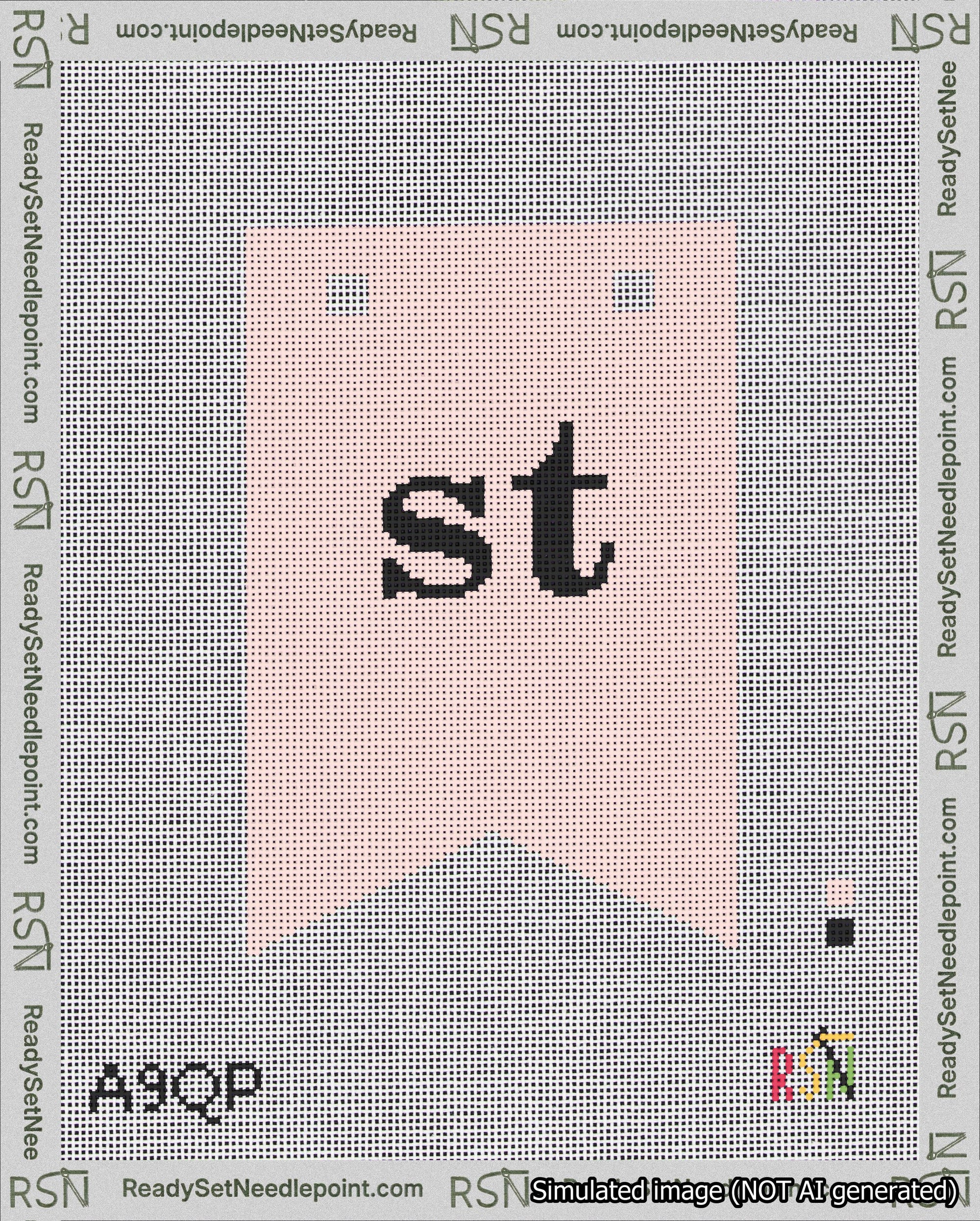 A taped needlepoint canvas with the design: Banner 18 mesh count Forked st Black on Pink.