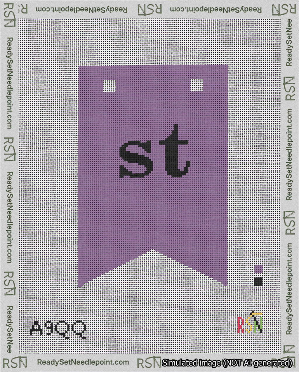 A taped needlepoint canvas with the design: Banner 18 mesh count Forked st Black on Purple.