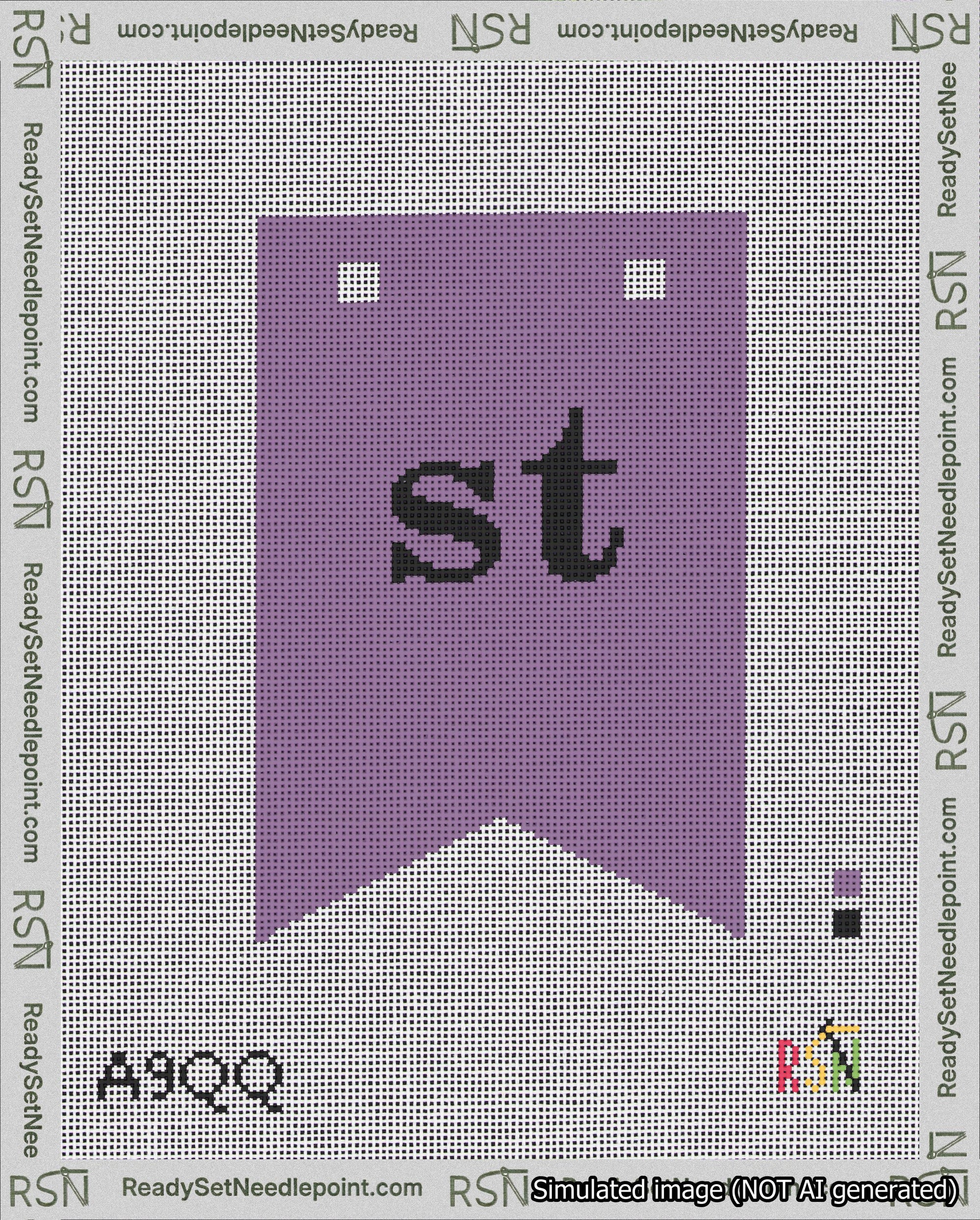 A taped needlepoint canvas with the design: Banner 18 mesh count Forked st Black on Purple.